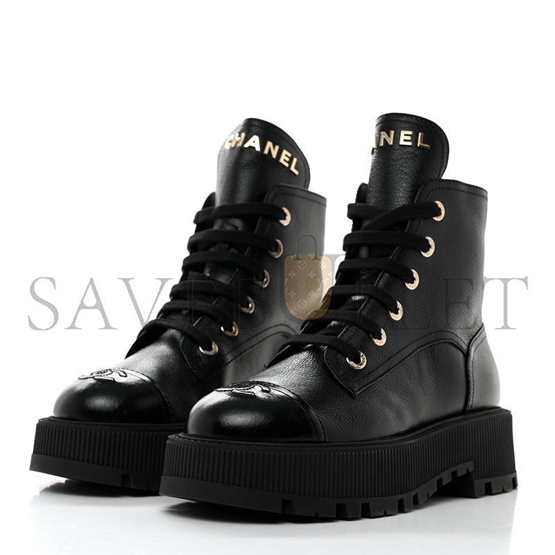 CHANEL GRAINED CALFSKIN SHINY CALFSKIN CC LACE UP COMBAT BOOTS 1437689